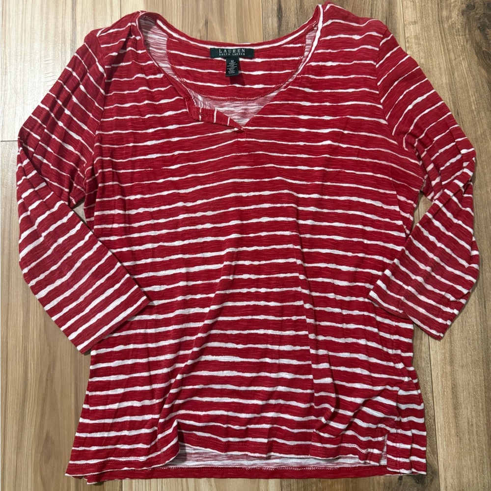 Ralph Lauren Women's Red and White Striped Long Sleeve Top